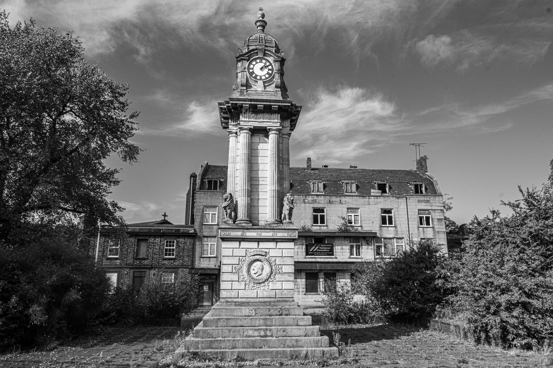 The Charing Cross clock tower in black and white