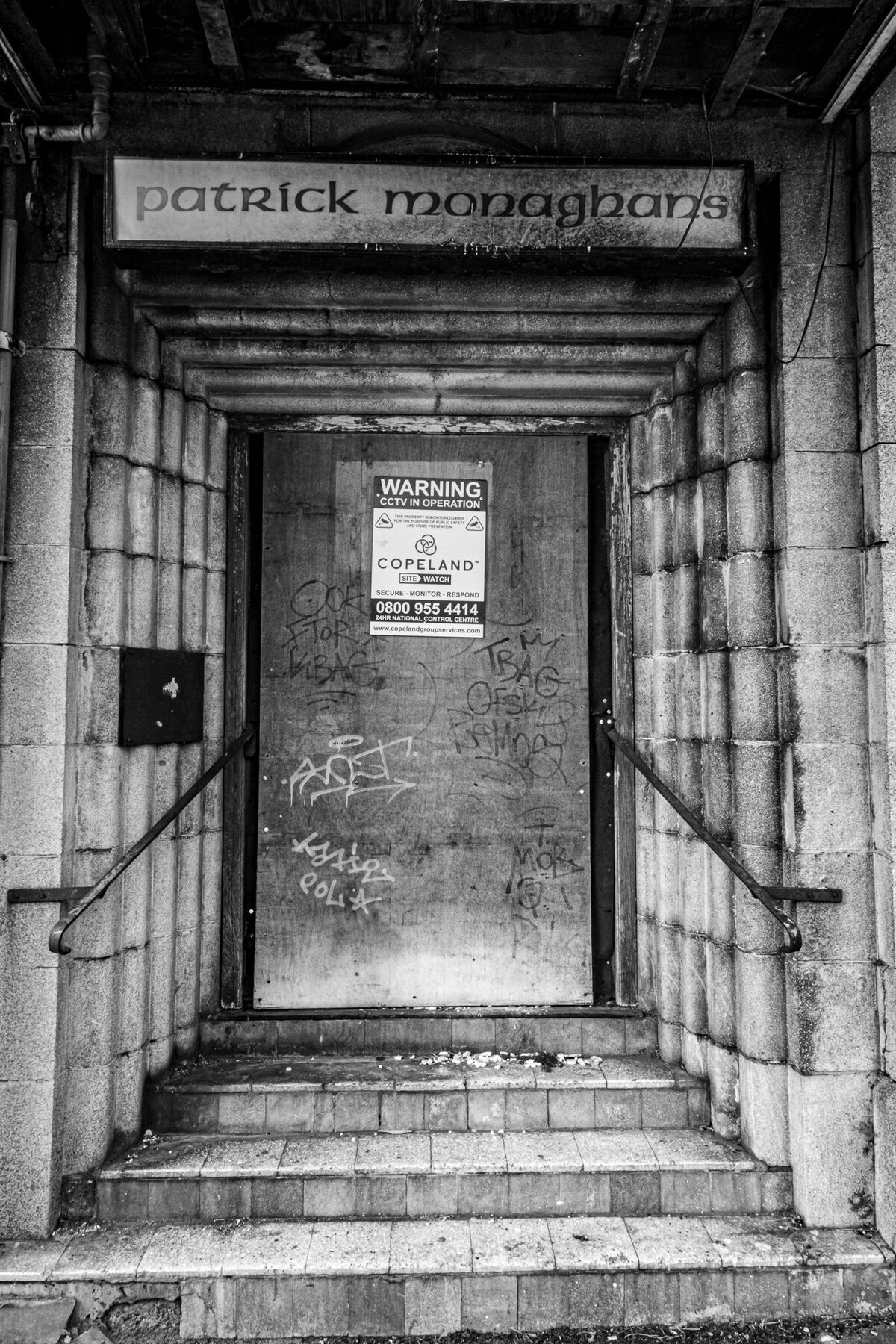 Closed doorway of the former Patrick Monaghans pub