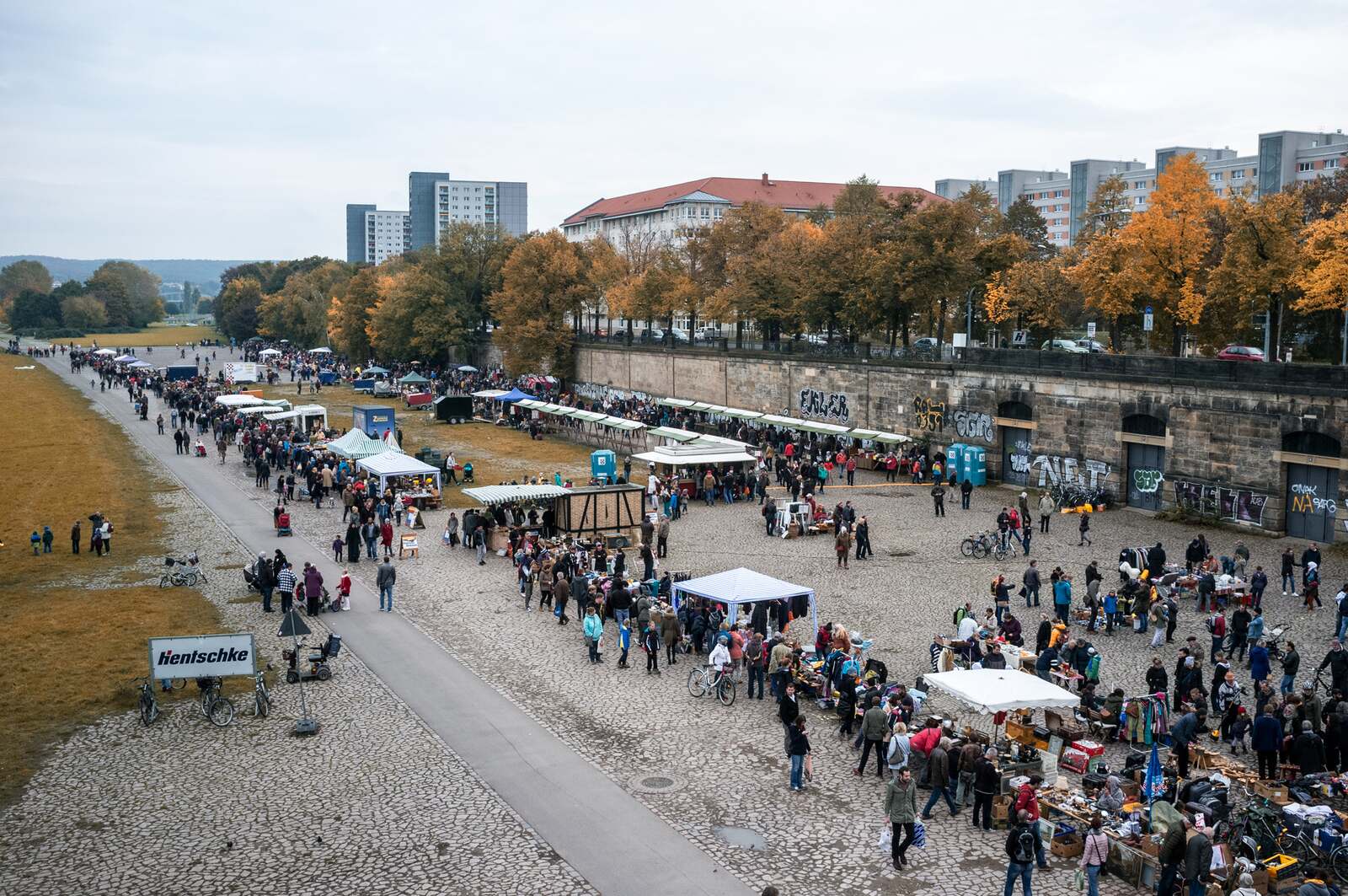 The Elbeflohmarkt from above — stalls stretching along the river terraces